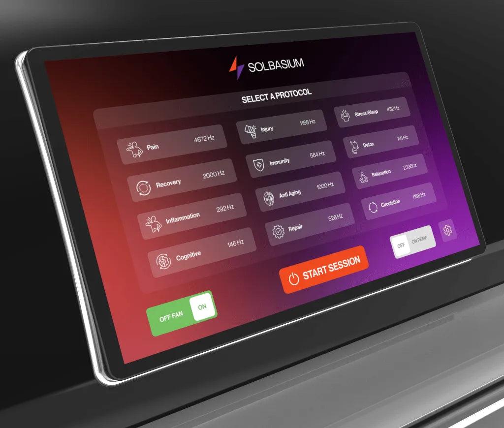 SOLBASium device screen displaying protocol selection interface on a dark background