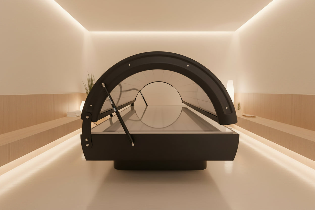 Side view of the inside of Nova red light therapy bed while it is off.