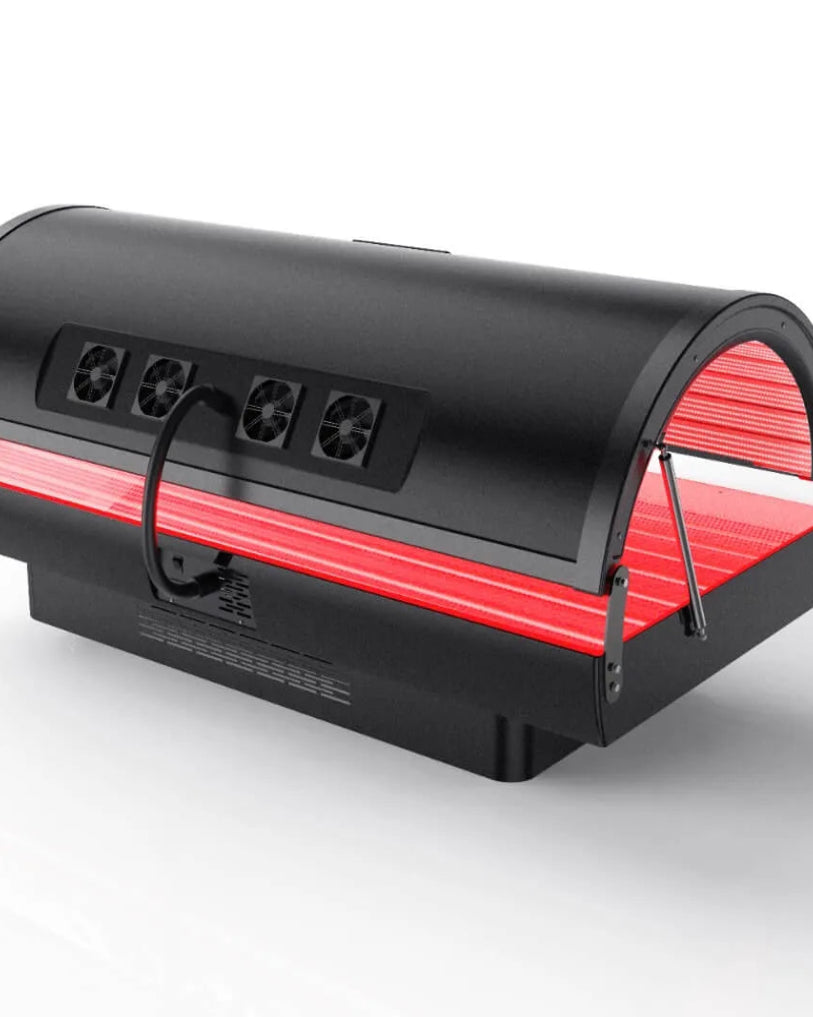 Black red light therapy with digital display back view of bed