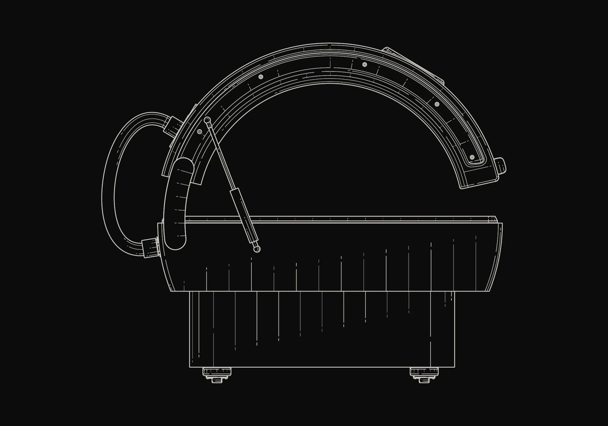 Technical line drawing of the Nova bed seen from the end, canopy open