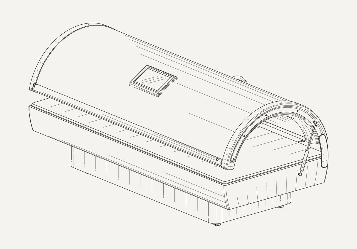 Technical line drawing of the Nova red light therapy bed with the canopy open