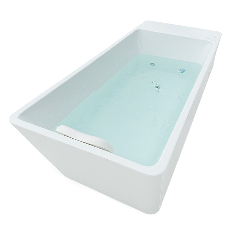 Angled view of cold plunge tub filled with water, showcasing the spacious interior for full-body immersion.