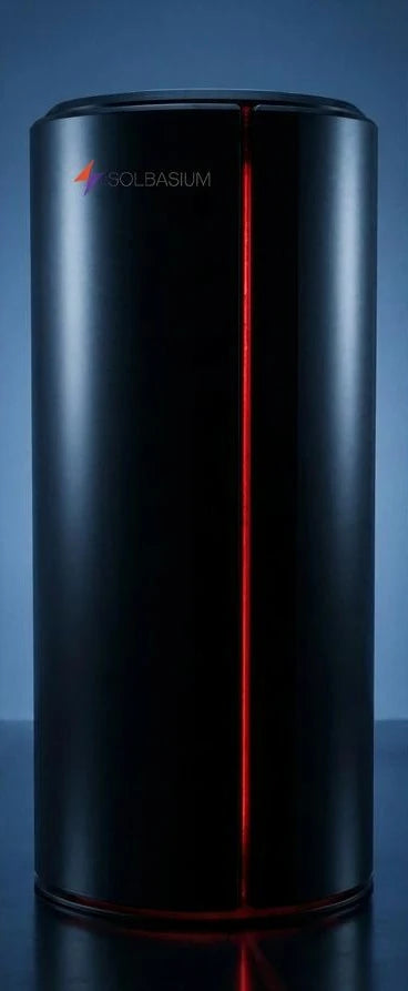 Nova Vertical closed, black cylindrical booth with Solbasium logo