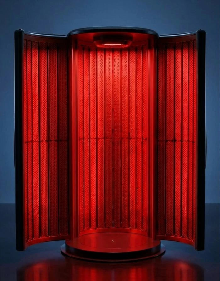 Nova Vertical red light therapy booth with doors open and red light on