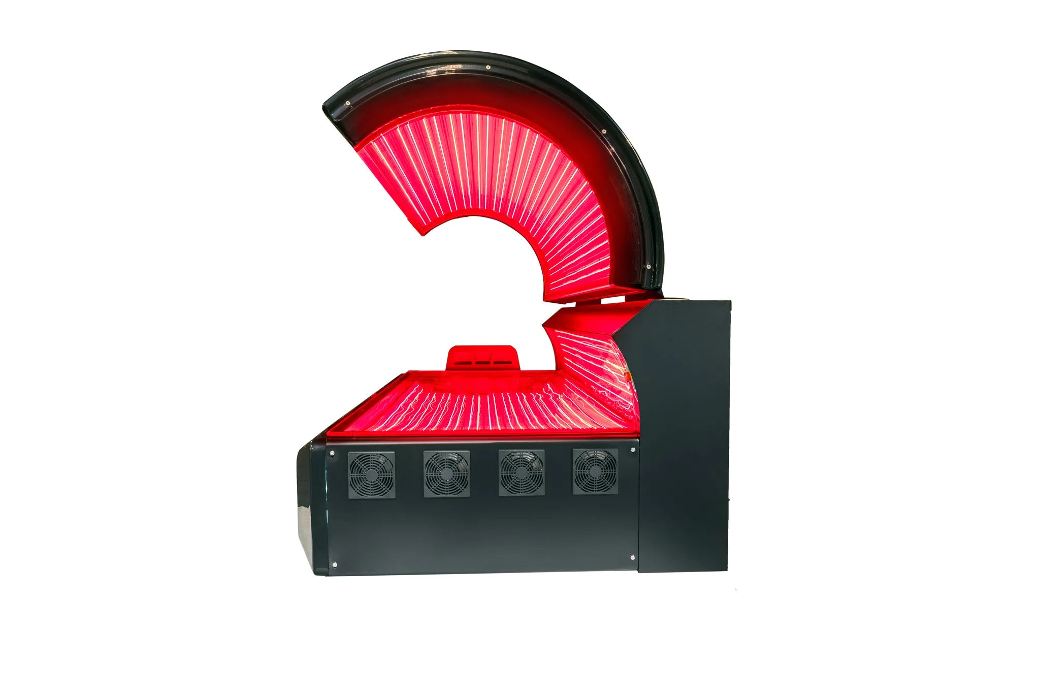 Helios Solbasium commercial red light therapy bed open side view showing LED canopy