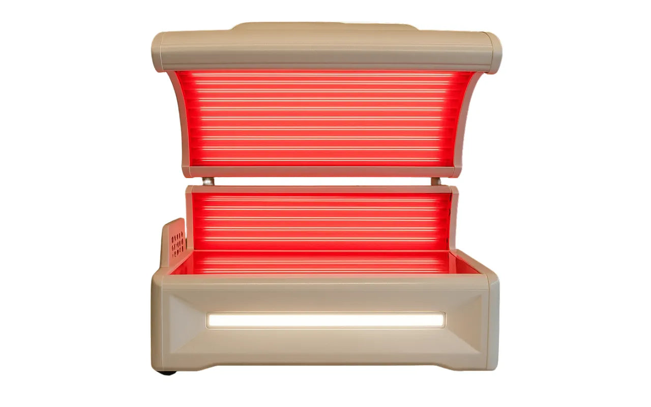 Helios Solbasium beige white red light therapy bed open front view showing dual LED panels